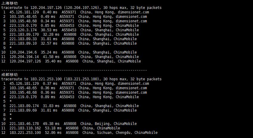 31IDC香港服务器测评 - 移动回程路由