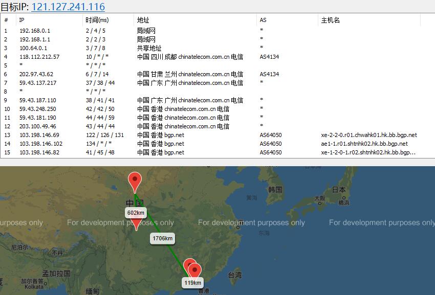 快云科技香港VPS去程路由效果图