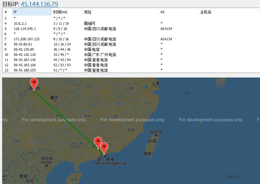 快云科技香港VPS去程路由测试