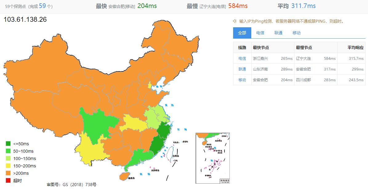 筋斗云台湾服务器测评 - 全国三网Ping延迟效果