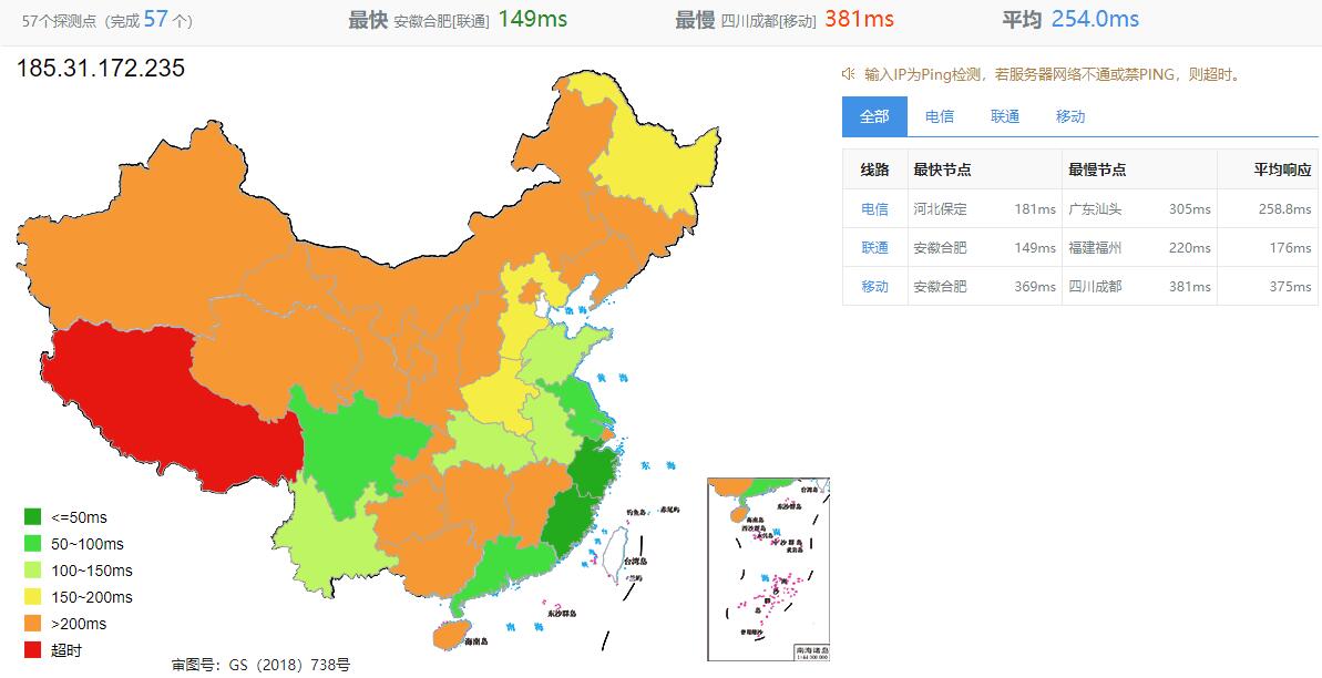 LiteServer荷兰VPS测评 - 全国三网Ping延迟测试