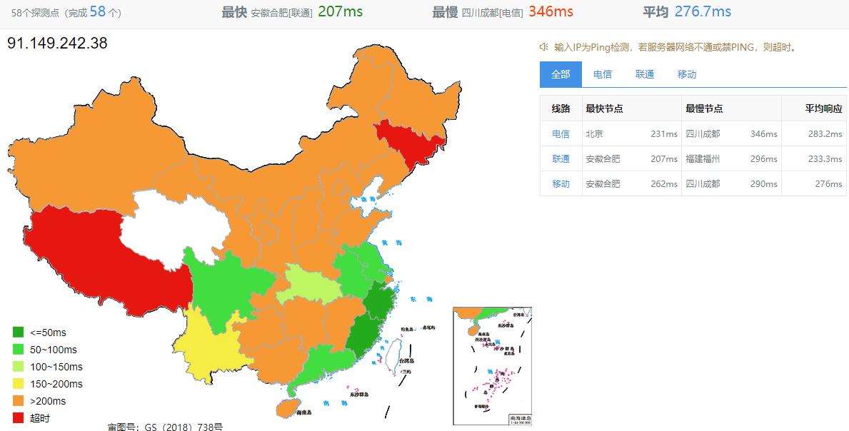 justhost.asia西班牙VPS测评 - 全国三网Ping延迟测试