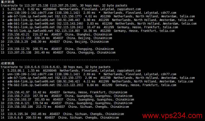 HostShield荷兰VPS测评 - 联通回程路由