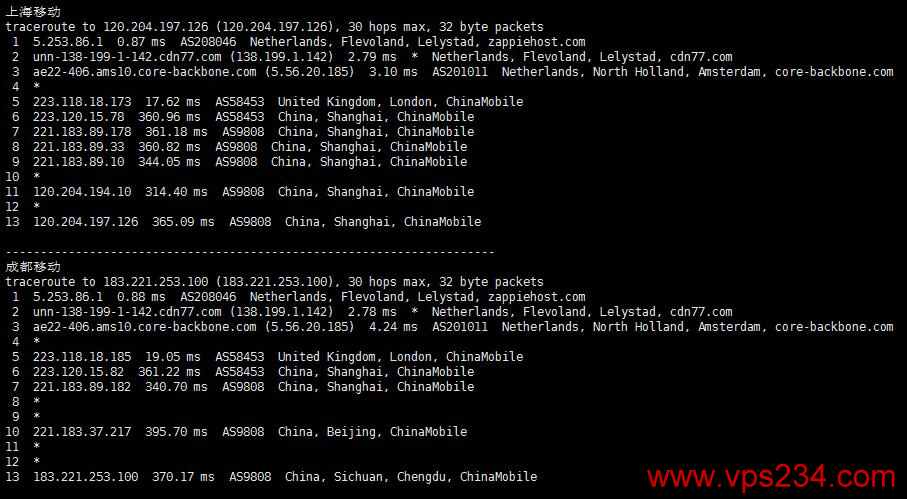 HostShield荷兰VPS测评 - 移动回程路由