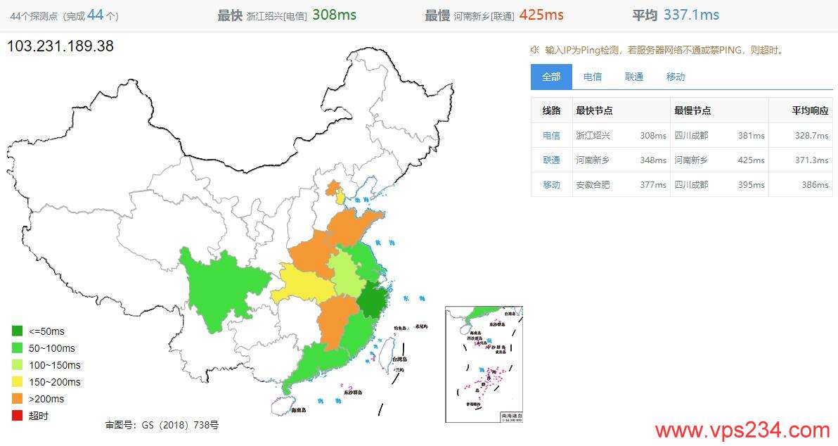 vHost.vn新加坡VPS测评 - 全国三网Ping延迟效果
