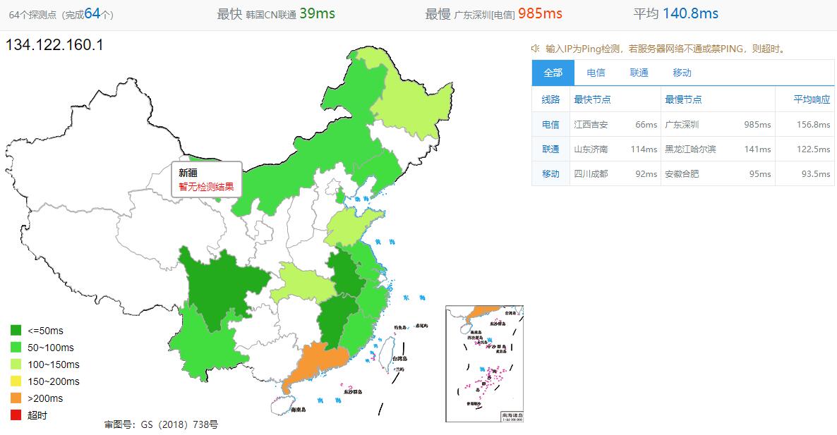 半月湾日本VPS全国Ping测试