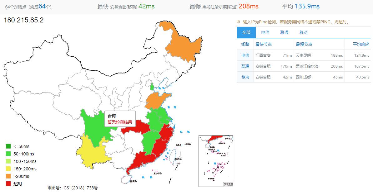 TOTYUN香港VPS全国Ping效果测试