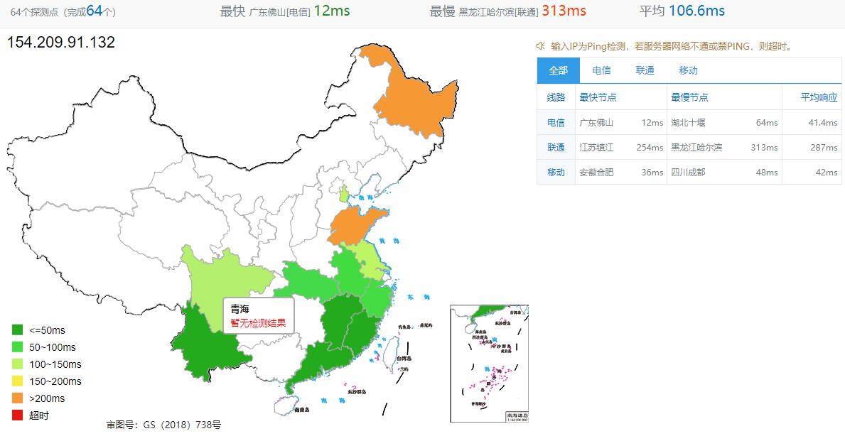 蓝竹云香港VPS全国Ping效果
