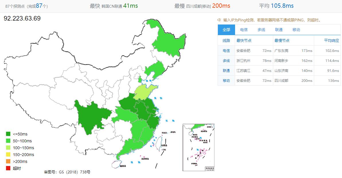 gcorelabs日本VPS全国Ping测试