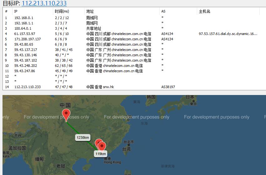 41云香港VPS去程路由测试