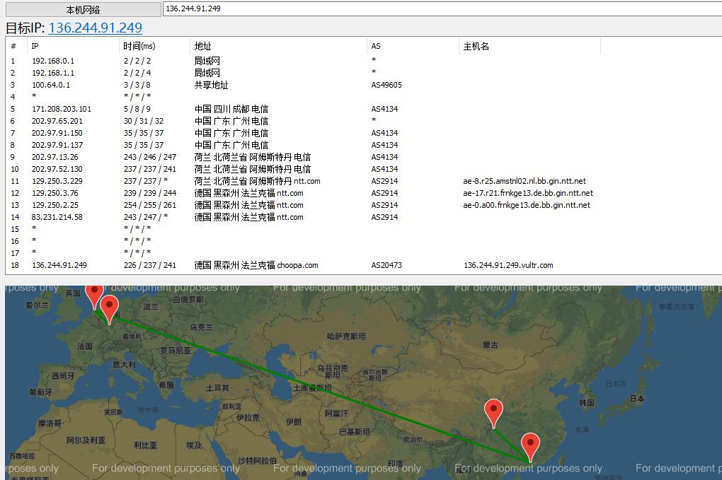 Vultr欧洲节点 - 法兰克福路由线路效果图