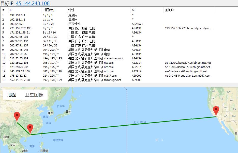 OneVPS 洛杉矶VPS 路由跟踪效果图